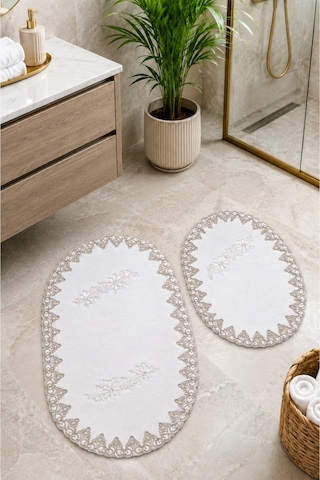 Gold-gümüş 2li Fransız Dantelli Lüks Banyo Paspası Kaymaz Çeyizlik Oval Banyo Paspas Seti Lauris