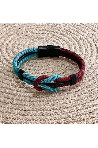 Bordo Mavi Taraftar Temalı Deri&makreme Düğüm Model Bileklik Net 21cm Bordo - Mavi