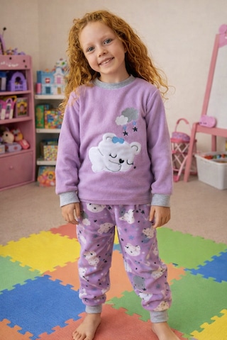 Kız Çocuk Kadife Polar Desenli Pijama Takımı 1680 Lila Lila