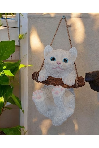 1 Adet Dekoratif Sallanan Duvar Ve Bahçe Süsü Kedi Beyaz