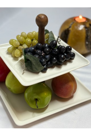 Aless 2 Katlı Tasarım Ahşap Porselen Sunumluk Meyvelik Çere