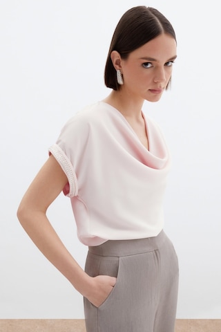 Sateen Kollar Taş Detaylı Salaş Bluz - Pudra-136465 Pudra