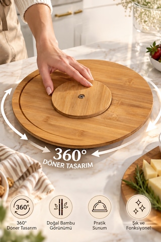 Porsima Pbt-342 360 Derece Döner Bambu Sunum Tepsisi 28 Cm - Yuvarlak Ahşap Peynir, Pasta & Kahvaltı Sunum Tahtası