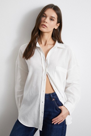 Never More Cepli Oversize Keten Gömlek Ekru Ekru