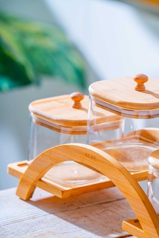 Acar Malibu Bambu Standlı 3 Lü Borosilikat Cam Baharatlık Seti Ahşap