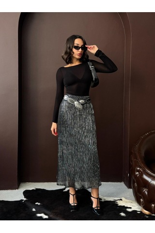 Verymoda Simli Pliseli Etek F2067 Siyah Gümüş