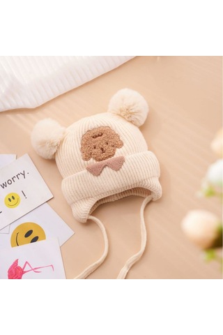 Ikkb Kış Yeni Kalınlaşmış Kulak Koruyucu Örme Şapka Çocuk Şapkası Kirli Beyaz