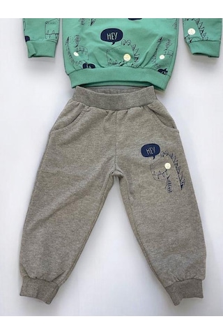 Erkek Bebek Dinazor Baskılı Pamuklu Eşofman Takım-15176 Yesil