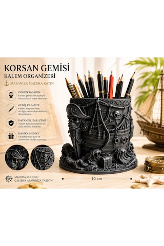 Korsan Gemisi Kalemlik Ve Masaüstü Organizer 10x8 Dekoratif Kalem Tutucu Siyah