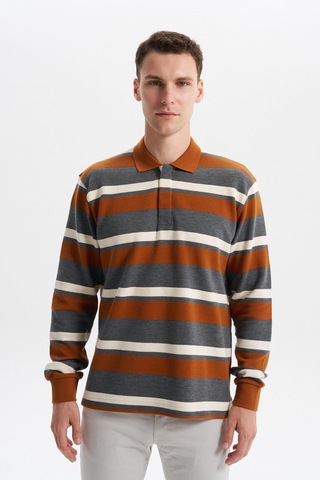 Ar-ma Erkek Ribanalı Büyük Beden Battal Boy Çizgili %100 Pamuk Ringel Ottoman Kumaş Polo Yaka Düğmeli Sweatshirt K30554801702 Kahverengi-k3 Kahverengi