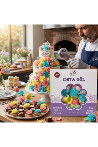 Gofret Gül Orta Boy 50 Adet 100 Yaprak Yenilebilir Pasta Süsleme Gülü