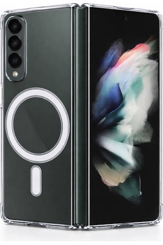 Samsung Uyumlu Galaxy Z Fold 3 Kamera Korumalı Magsafe Wireless Şarj Özellikli Lüks Şeffaf Silikon Telefon Kılıfı Şeffaf