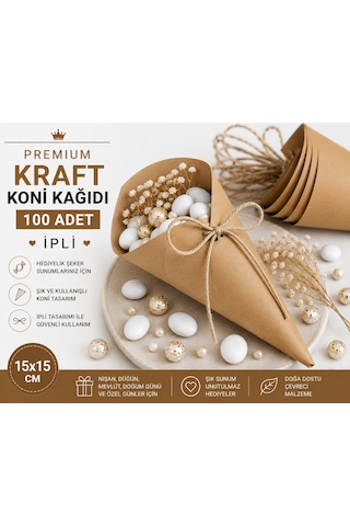 Premium Kraft Koni Kağıdı 100 Adet İpli Hediyelik İkram Ve Şeker Sunum Külahı