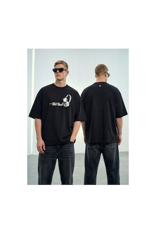 Wild Wood Garment Wild Wood "audio Rhythms" Kulaklık Kabaran Baskılı Premium Oversize T-shirt Siyah