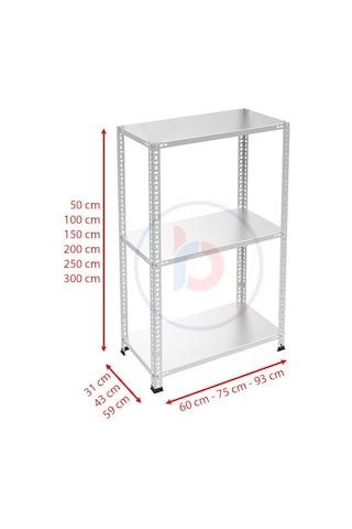 Raf Burada  3 Katlı Galvaniz Çelik Raf - Depo, Arşiv, Kiler, Dosya, Market Rafı-43x75 cm-100 cm-0.70 mm