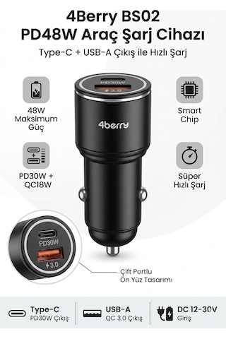 Bs02 Pd48w Dual Port Araç Şarj Cihazı Type-c Pd30w + Usb-a Qc3.0 48w Hızlı Şarj Adaptörü