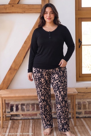 Siyah İnci Siyah Desenli Büyük Beden Battal Boy Düğmeli Viskon Örme Pijama Takım