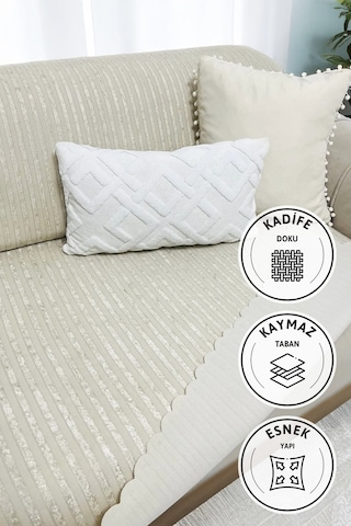 Kaymaz Taban Süngerli Kadife Koltuk - Çekyat Örtüsü 170x210 - Kre Krem