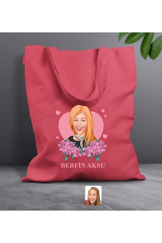 Bk Gift Kişiye Özel Anneler Günü Karikatürlü Kırmızı Kumaş Bez Çanta, Baskılı Omuz Çantası, Alışveriş Çantası, Anneye Hediye-2 Kırmızı