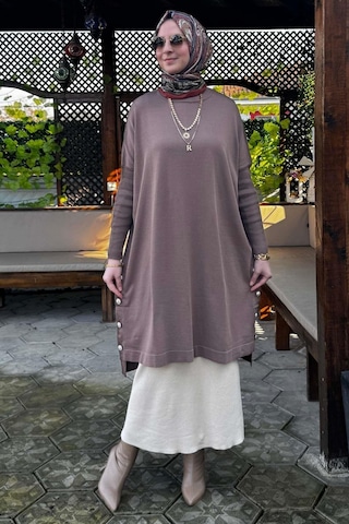 Rabia Şamlı Sevda Triko Tunik Sütlü Kahve Çok Renkli