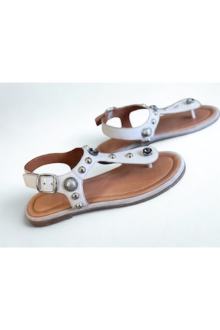 Ne&ve Shoes Bej Hakiki Deri Kadın Parmak Arası Taşlı Sandalet