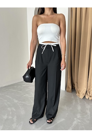 Siyah Bel Bantı Detaylı Yan Fermuarlı Pantolon Siyah