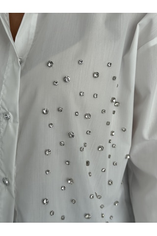 Kadın Taşlı Premium Kalite Uzun Kollu Oversize Gömlek Beyaz