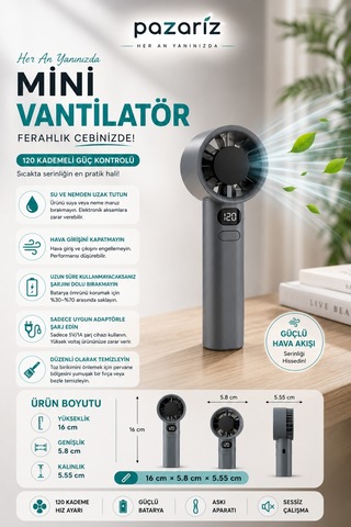 Türbin El Fanı Vantilatör Taşınabilir Turbo El Fanı Dijital Göstergeli Stand Özellikli Kancalı Type-c Şarj Soketi 1200 Mah 120 Kademeli M11 Md. Askı Kayışı Hediyeli