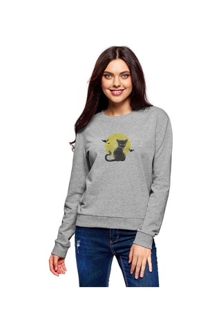 Cat On The Moon Baskılı Gri Kadın Sweatshirt