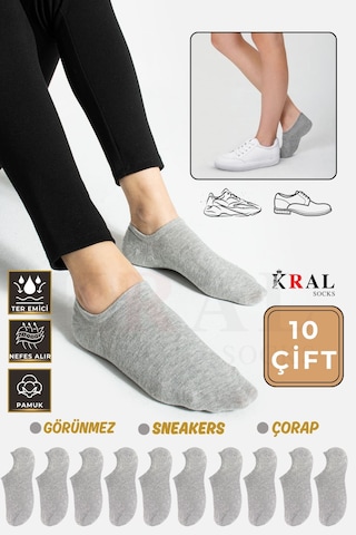 Kral Socks Kadın Pamuklu Terletmez 10'lu - 10 Çift Yazlık Görünmez Çorap Gri