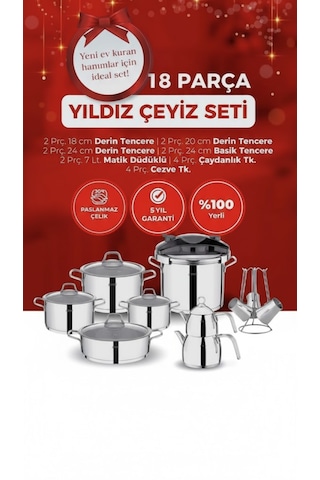Fms 6028 İdeal 18 Parça Paslanmaz Çelik Çeyiz Seti - Düdüklü & Çaydanlık & Cezve Takımı Gri - Gümüş