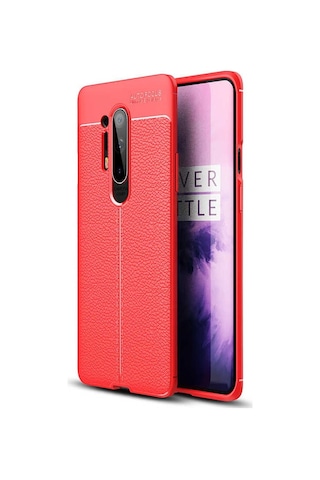 Noktaks - One Plus 8 Pro Uyumlu Kılıf Deri Dikiş Görünümlü Niss Karbon Silikon Kapak - Kırmızı - T16128