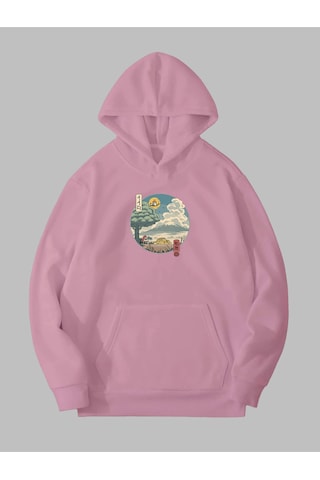 Harmandar Üç İplik Totoro Baskılı Unisex Pembe Kanguru Cepli Kapüşonlu Sweatshirt Hoodie Totoropembesweat