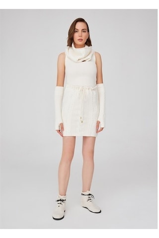 Peraluna Saç Örgü Desenli Kadın Triko Etek Ekru