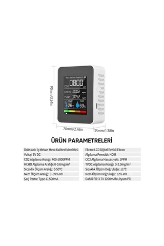 Dijital 5'i 1 Arada Hava Kalitesi Ölçüm Cihazı Ve Gaz Dedektörü