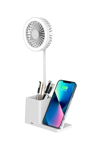 S-link Sl-m9055 10 Watt Kablosuz Şarj İstasyonlu Fanlı Kalemlikli Masa Lambası Beyaz Renkli