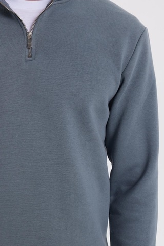 Tudors Unisex Relax Fit Rahat Kesim Pamuklu İçi Polarlı Yarım Fermuarlı Gri Dik Yaka Sweatshirt-35172 Gri