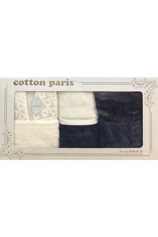 Royam Cotton Paris Jakarlı Pamuklu 6 Parça Aile Bornoz Seti Lacivert