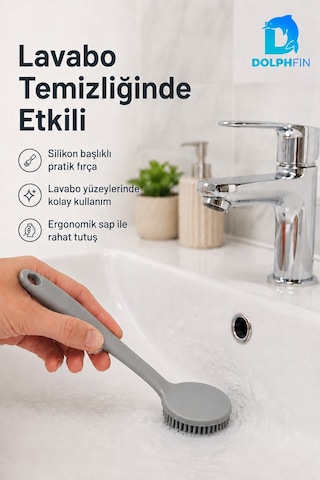 Silikon Başlıklı Bulaşık Ve Lavabo Temizleme Fırçası 22 Cm Gri