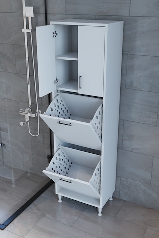 Makbulce Nergiz Beyaz Ve Renkli Kirli Çamaşır Sepetli Çok Amaçlı Banyo Dolabı Beyaz