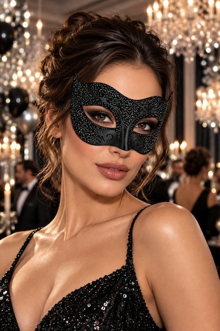 Siyah Simli Venedik Maskesi Desenli Bağcıklı Yılbaşı Halloween Cadılar Bayramı Parti Maskesi