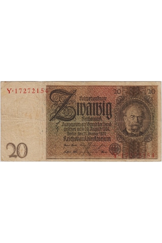 Almanya 20 Mark 1929 Nazi Dönemi 1931-48 Arası Kullanılmıştır. Çok Temiz -