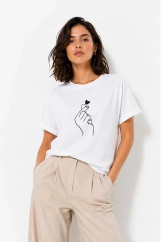Efnaz Style Kore Parmak Kalp Aşk Temalı Minimal Baskılı Tişört Yazlık Kısa Kol T-shirt - Beyaz