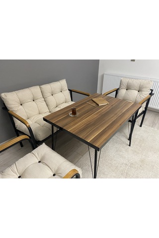 Modern Mars Balkon, Bahçe, Cafe - Metal Kanepe Koltuk Takımı - 2+1+1 + Masa Krem Modernsh34 Krem