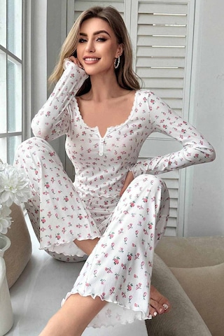 Merry See Çiçek Desenli Uzun Kollu Pijama Takımı Beyaz