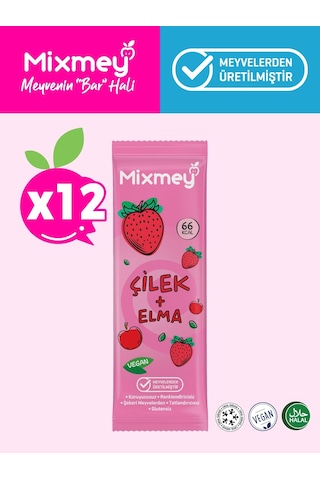 Mixmey Çilek Meyve Barı 12 Adet | Atıştırmalıklar – Vegan, Glutensiz, Koruyucusuz (20GR X 12 ADET)