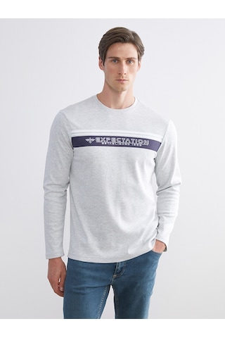 LC Waikiki Lc Waıkıkı Bej Bisiklet Yaka Baskılı Erkek Sweatshirt