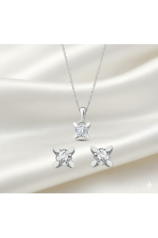 Ariş 0.15 Karat Pırlanta Tektaş Kolye  Küpe