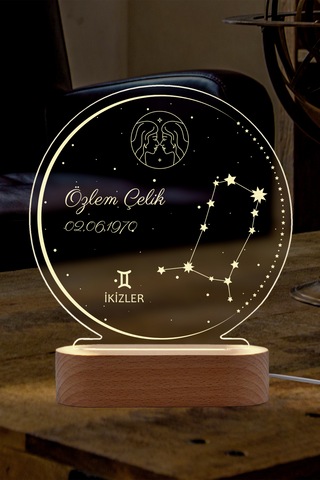 Astroloji Burç Temalı Kişiye Özel Led Gece Lambası Masif Ahşap Tabanlı Usb Kablolu Pleksi Led Gece Lambası