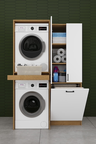 Çamaşır Makinesi Banyo Dolabı Takımı Sepetli %100 Mdf Çekmeceli Çok Amaçlı Kurutma Dolabı Bt01 Beyaz - Karına